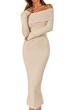 MEROKEETY Women's Winter Off Shoulder Bodycon Sweater Dress 2026 Spring Formal Long Sleeve Elegant Club Party Midi Dresses, Apricot, Small
