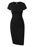 Missufe Women's Ruched Bodycon Sundress Knee Length Sheath Casual T Shirt Dress (Black, Large)