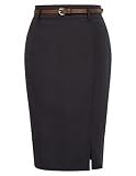 Kate Kasin Women Black Pencil High Waist Knee Length Skirt with Belt
