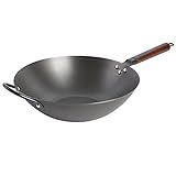 Babish Carbon Steel Wok 14 Inch Flat Bottom Stir Fry Pan Durable Heavy Duty Cookware for High Heat Cooking Stir Fry Sautéing Frying Compatible with Gas Electric and Induction Stovetops