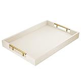 ATZYmolin 17" x 12" Wood Serving Tray with Gold Polished Metal Handles, Home Decorative Wooden Rectangle Ottoman Leather Decor Platter Bathroom Vanity Tray for All Occasions White