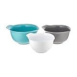 KitchenAid Universal Nesting Plastic Mixing Bowls, Set Of 3, 2.5 quart, 3.5 quart, 4.5 quart, Non Slip Base with Easy Pour Spout to Reduce Mess, Dishwasher Safe, Aqua Sky, White, Gray