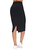 THE GYM PEOPLE Women's High Waist Tummy Control Pencil Skirts Stretchy Bodycon Midi Skirt Below Knee with Back Slit Black