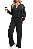 XIEERDUO Lounge Sets for Women Airport Outfits for Women 2025 Travel V Neck 2 Piece Fall Outfits Teachers Matching Set Casual Sweatsuits Track Suits Early Fall Fashion Clothing Black L