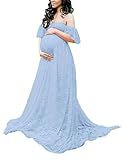 Maternity Photography Props Floral Lace Dress Fancy Pregnancy Gown for Baby Shower Photo Shoot (L, Light Blue)
