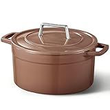 CAROTE Cast Iron Dutch Oven Pot with Lid, Enameled Dutch Oven for Bread Baking, Dual Handles, Heavy-Duty Cast Iron Pot, 5QT, Brown