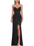VFSHOW Womens Sexy Formal Prom Ruched Hight Slit Spaghetti Strap Maxi Dress Sweetheart Cocktail Wedding Guest Glitter Fitted Bodycon Evening Long Gown (Black, Medium) 11181 BLK M
