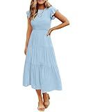 ZESICA Women's 2025 Summer Casual Flutter Short Sleeve Crew Neck Smocked Elastic Waist Tiered Midi Dress,Blue,Medium