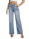 Guaile Women's Wide Leg Jeans High Waisted Strechy Jeans for Women Straight Raw Hem Loose Casual Denim Blue Size 14