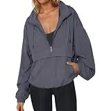 Fisoew Womens Windbreaker Lightweight Jackets Hooded Quarter Zip Pullover Casual Outdoor Hiking Coats with Pocket
