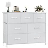 OLIXIS Dresser for Bedroom, 7 Storage Drawers, Wide Fabric Closet Chests Organizer Tower Furniture, TV Stand with Wooden Top Metal Frame for Clothes, Living Room, Hallway, Entryway, Classic White