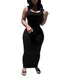 PINSV Women's Sexy Bodycon Tank Dress Basic Sleeveless Long Maxi Dresses Party Club Beach Sundresses Black L