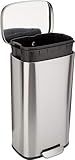 Amazon Basics Smudge Resistant Rectangular Trash Can with Soft-Close Lid, Foot Pedal, Removable Inner Bucket, 30 Liter/7.9 Gallon, Brushed Stainless Steel, Satin Nickel Finish, 13.8"L x 11.8"W x 25"H