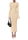 PRETTYGARDEN Sweater Dresses for Women 2026 Fall Bell Long Sleeve Crew Neck Bodycon Maxi Dress Winter Ribbed Knit Outfits (Beige,Medium)