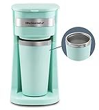 Elite Gourmet EHC117M Personal Single-Serve Compact Coffee Maker Brewer Includes 14Oz. Thermal Travel Mug with Stainless Steel Interior, Compatible with Coffee Grounds, Reusable Filter, Mint