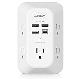 Addtam USB Wall Charger Surge Protector 5 Outlet Extender with 4 USB Charging Ports (1 USB C Outlet) 3 Sided 1800J Power Strip Multi Plug Outlets Wall Adapter Spaced for Home Travel Office ETL Listed