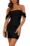 PRETTYGARDEN Women's Summer Mini Ruched Bodycon Dress Off Shoulder Sleeveless Cocktail Party Short Fitted Dress (Black,Medium)
