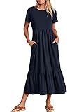 ANRABESS Womens 2025 Summer Casual Maxi Dress A line Tiered Flowy Short Sleeve Crewneck T Shirt Beach Travel Long Dresses X-Large Navy Blue