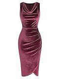 ZAFUL Cocktail Dresses for Women Wedding Guest Cowl Neck Sleeveless Ruched Bodycon Midi Dress Velvet Party Dresses(Wine,L)