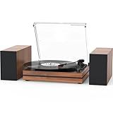 Vintage Record Player with External Speakers Belt-Drive Turntable for Vinyl Records Dual Stereo Speakers LP Players Support 3 Speed 3 Size Wireless Playback AUX Headphone Input Auto Stop Wood Red