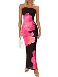 PRETTYGARDEN Women Summer Strapless Maxi Dress Bodycon Floral Sexy Long Wedding Guest Dress Formal Tube Mesh Cocktail Dresses(Black Pink Flower,Medium)