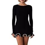 Naileksi Women Elegant Ruffle Hem Knit Mini Dress Long Sleeve Contrast Color Patchwork Bodycon Short Sweater Dress Fall Black