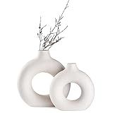 Hanaomaoyi White Ceramic Donut Vase Set of 2, Hollow Matte Pampas Flower Vases for Boho Home Wedding Party Room Dinner Table Shelf Decor.（White）