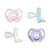 Tommee Tippee Ultra-Light Silicone Pacifier, 0-6 Months, Symmetrical One-Piece Design, BPA-Free Silicone Binkies, Pink/Purple/Green, Pack of 4
