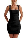 BORIFLORS Women's Sexy Bodycon Corset Mini Dresses Square Neck Ruched Sleeveless Club Party Short Dress, Small, Black