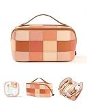 Lucatherine Travel Makeup Bag Organizer with TSA Approved Clear Pouch, Large Capacity Cosmetic Case with 180° Wide Open Design, Portable Toiletry Bag with Dividers for Brushes & Toiletries