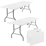 Fivenl 2 Pack 6 Feet Portable Folding Table White, Steel Legs Fold-in-Half with Carrying Handle Rectangular Plastic Foldable Table for Party, Wedding, Camping, Picnic, Dining, Indoor Outdoor Events