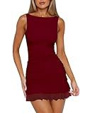 HOCILLE Women's Sexy Bodycon Boat Neck Mini Dresses Sleeveless Ruched Ruffle Hem Club Party Short Dress, Medium, WineRed
