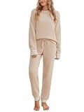 Snuggle Sac Ultrasoft Women's Pajama Set, Cozy Warm Fleece Loungewear Long Sleeve 2-Piece PJs for Chilly Days & Nights(Medium, Beige)