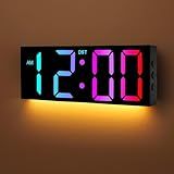 Alampan 12" Large Digital Wall Clock with Remote Control, USB Powered, Corded RGB LED Clock with Full Screen Display, Big Numbers, for Classroom, Living Room, Elderly, Wall Mounted, DST, KSJ-01, Black