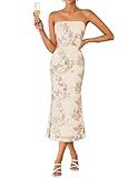 ZESICA Cocktail Wedding Guest Dresses for Women 2026 Summer Strapless Floral Bodycon Mesh Tube Formal Party Midi Dress Almond Small