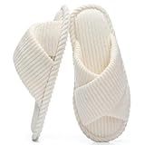 GOEWY House Slippers for Women Fuzzy Womens Slippers Indoor Outdoor Open Toe With Cross Band Corduroy Memory Foam Warm Gifts for Woman Size 7 8.5 Beige