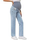 POSHGLAM Women's Maternity Jeans Straight Leg 30'' Over Belly Comfy Stretch Denim Pants(Light Blue, Large)