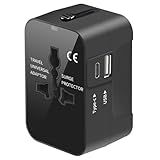 Travel Adapter, Worldwide All in One Universal Travel Adaptor AC Power Plug Adapter Wall Charger with USB-C and USB-A Charging Ports for USA EU UK AUS Black