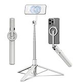 TONEOF 68" Magnetic Selfie Stick Tripod with Aluminum Strong Magnetic Holder for Magsafe, 360° Rotatable Travel Phone Tripod Stand with Metal Ring & Rechargeable Remote for iPhone/Android(Beige Gray)