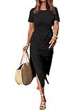 ANRABESS Women's 2025 Summer Maxi Tshirt Dress Short Sleeve Crewneck Tie Waist Casual Slim Fit Slit Spring Long Beach Dresses Black Large