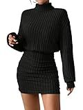 Women's Pullover Sweater Dress Long Lantern Sleeve Turtle Neck Cute Ribbed Knit Bodycon Mini Short Dress 2025 Fall-Black-S