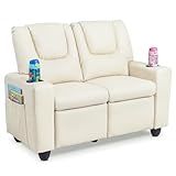 Costzon 2-Seater Kids Recliner, PU Leather Kids Loveseat w/2 Cup Holders & 2 Side Storage Pockets, Toddler Lounge Sofa Chair Couch w/Adjustable Backrest & Footrest for Girls & Boys 3+ Years Old Gifts