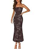MEROKEETY Women's Floral Strapless Maxi Dress 2026 Summer Mesh Tube Bodycon Formal Wedding Guest Cocktail Party Long Dresses, Coffee, Medium