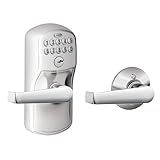Schlage Plymouth Keypad Lock with Lever Handle, Electronic Keyless Door Entry, Auto‑Lock Enabled, Satin Chrome, FE575 PLY 626 ELA