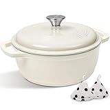Enameled Cast Iron Dutch Oven Pot With Lid - AIVIKI 5QT Dutch Oven for Bread Baking With Cotton Potholders - Heavy-Duty Cookware for Braising, Stew, Roasting, Oven Safe up to 500°F, Cream White