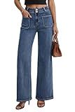 ZMTUO Women's High Waist Wide Leg Jeans Stretchy Loose Denim Pants with Two Button Detail Blue