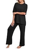 PrinStory Womens Pajamas Sets 2 Piece Lounge Set Short Sleeve Tops and Long Pants Soft Pjs Loungewear with Pockets Black-L