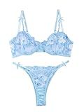 Lilosy Sexy Cute Underwire Push Up Strappy Heart Embroidered Mesh Sheer Lingerie Set for Women Bachelorette See Through Bra and Panty 2 Piece Bow Light Blue Small