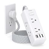 Power Strip Surge Protector - One Beat 6 Widely Outlets with 3 USB Ports (1 USB C), 5 Ft Extension Cord Flat Plug, Wall Mount Outlet Extender Small Power Strip for Travel Home Office College Dorm Room