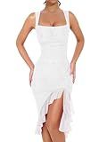 BORIFLORS Women's Sexy Ruched Bodycon Midi Dresses Square Neck Sleeveless Ruffle Hem Club Party Tank Dress, X-Small, White